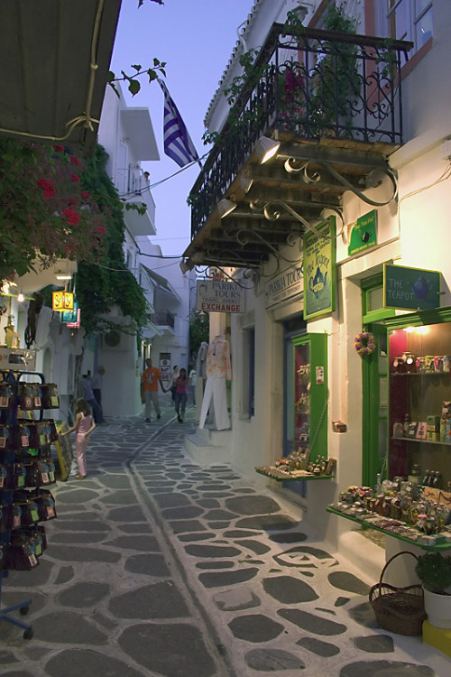 Evening on the streets of Parikia, Paros Island, Greece (by nbournas).