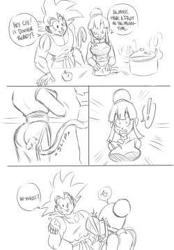 funsexydragonball:    Anonymous said to funsexydragonball:  Ok but imagine: Goku’s tail getting frisky with Chi-Chi while she’s trying to cook dinner or something mundane like house work.    It&rsquo;s always bugged me. Why don&rsquo;t Trunks or