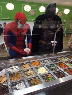 spider-menacefl:  “Spidey: This place is amazing!! What toppings are you getting?  Batman: ….justice….  Spidey: …I..um….I got reese’s pieces one mine….”  marvelentertainment stanleemarvel