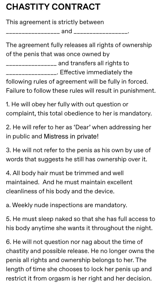 bertonnel:dog20002:Always good to have something in writing. Yes : a written contract sets things clearly, it gives full power to Your Mistress and signing it helps you making your status and place to sink in deeply in your psyche 