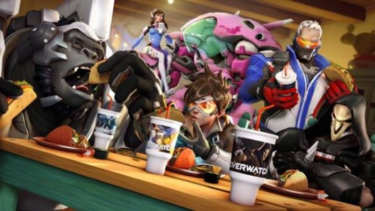 pepperchan:  8foldhero:  kreuzader:    i can’t tell whats the best part of this image, winston looking like he’s the happiest he’s ever been in his life, tracer staring at a fucking taco in awe or reaper looking like his mom didn’t get him the