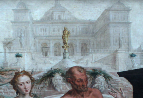 Maarten van Heemskerck - Momus mocking the Gods’ works (1561). Detail.Momus (Μῶμος) was in Greek myt