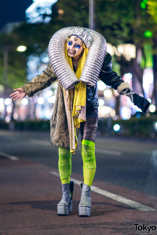 Japanese designer TKM®freedom on the street in Harajuku wearing a handmade avantgarde style with