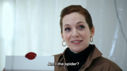 [ID: Five screencaps from Taskmaster. Katherine Parkinson asks with a smile, “Am I the spider?