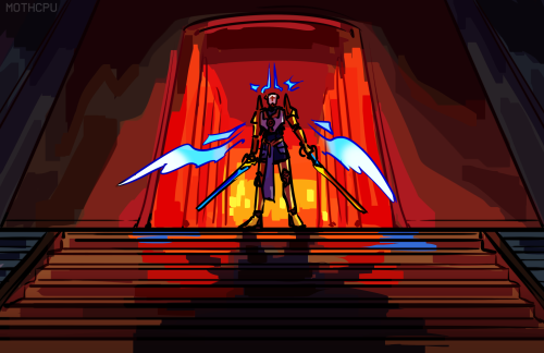 messy digital drawing of Gabriel standing on the steps of Heaven with his swords drawn, lit from behind by reddish lights.