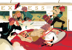 yumbles:  from last year - a piece for an Organization XIII fashion zine! some fancy travelers, a train robbery, a betrayal! and who lost their hat!?