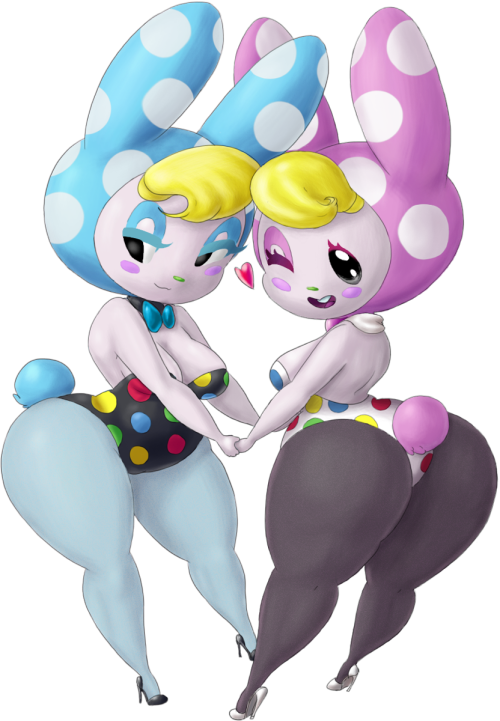 soubriquetrouge:  Bunnies upon bunnies upon bunnies. Worked with hoshime on the color scheme for these two. And a safe post what is the world coming to? Gif entirely by her, just wanted to post it with these gals.   cuties~ ;9