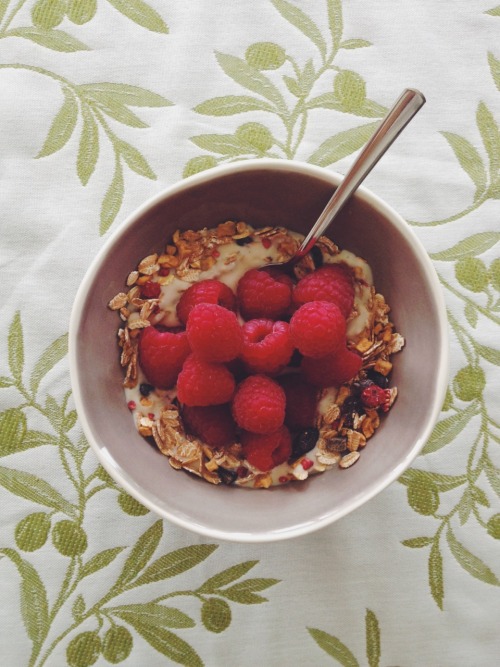 afternoon snacking :) vanilla soy yogurt with müsli and raspberries, how i love it!