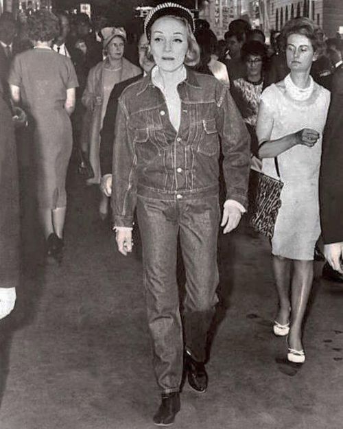 Marlene Dietrich wearing a Levi’s type 2 jacket & 501’s, Sydney, Australia, 24th of November 196