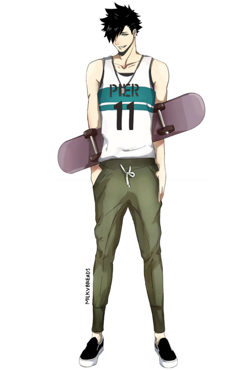 milkybreads:  Next on the casual clothes series: Kuroo! Will make this into a set. But first please consider skateboarding Kuroo 👌👌👌 💯 😩 😩Other boys in casual: suga here, oikawa here.