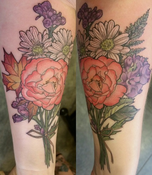 fuckyeahtattoos:Floral Bouquet by Alice Kendall, at her shop Wonderland Tattoos. Portland, Oregon. M