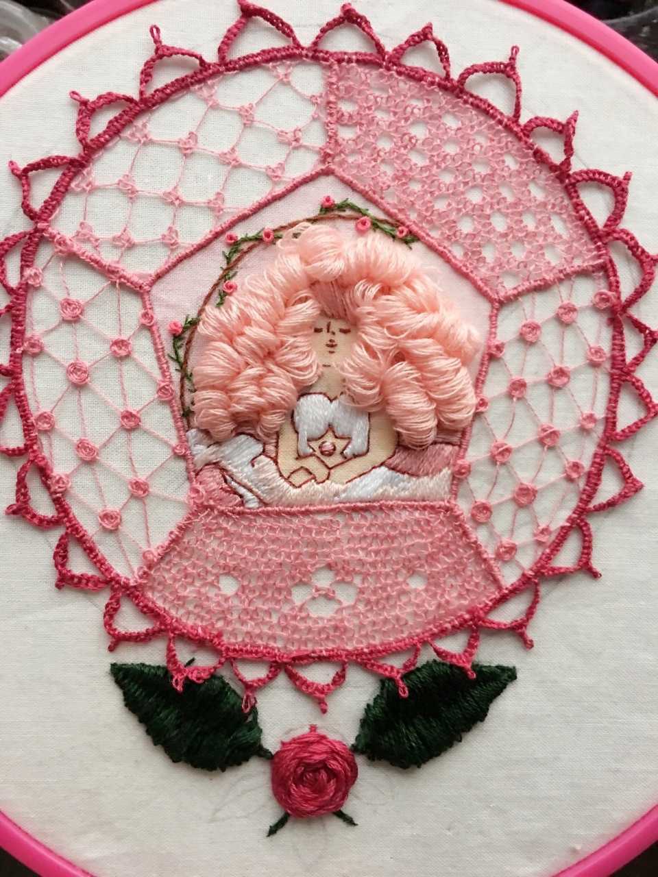 puncturedjuicebox: finished my gfs embroidery and learned a couple lace stitches