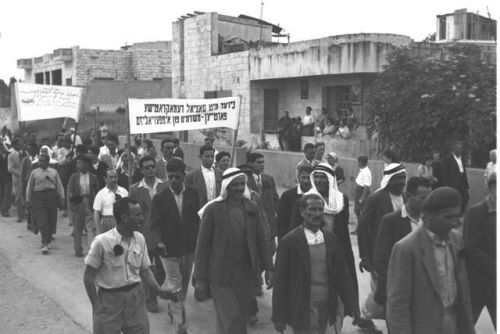 goodmorningleftside:fursasaida:dr-treyf:Socialist Jews and Arabs on a May Day march in Ramle, 1949, 