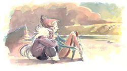 gracekraft:  A little sketchy watercolor I did while I was in Florida last week sitting by the beach. Pearl and Amethyst enjoy a rare moment of tranquility together while watching the sun rise on a chilly winter morning on the beach. 