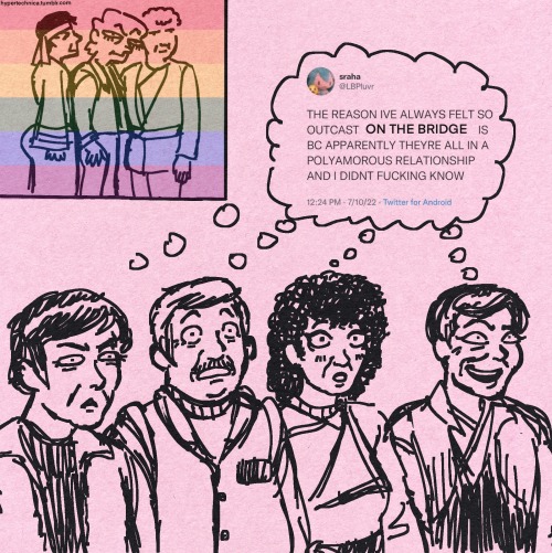 A sketchy, cartoonish comic. Chekov, Scotty, Uhura, and Sulu stand next to each other, each with different expressions of shock. Chekov is miffed, Scotty is bewildered, Uhura is curious, and Sulu is amused. All of them have thought bubbles connecting to an edited twitter screenshot that says: "THE REASON IVE ALWAYS FELT SO OUTCAST ON THE BRIDGE IS BC APPARENTLY THEYRE ALL IN A POLYAMOROUS RELATIONSHIP AND I DIDNT FUCKING KNOW" In the top right corner is a panel containing an even more cartoonish Spock, Bones, and Jim, standing flush next to each other. Spock stands in profile with a pixar mom ass, bones is sandwiched in the middle looking vaguely annoyed at the screen, and Jim stands with a spaced out look. The gay flag is overlayed on them. They're all in their outfits from The Voyage Home.