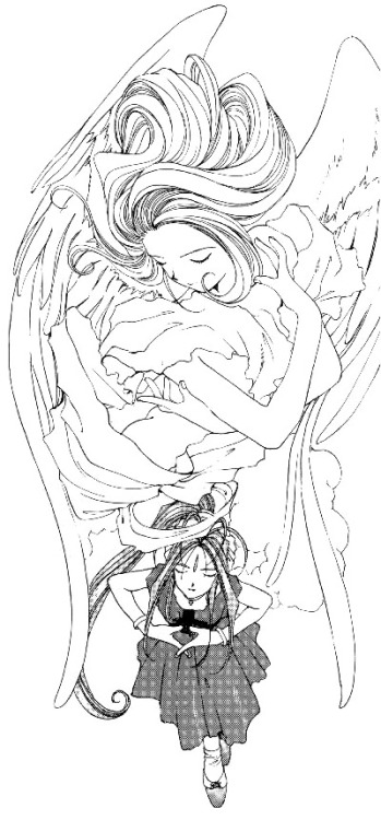 the-fourth-goddess:Belldandy with her angel, Holy Bell from the manga. The last image also happens t