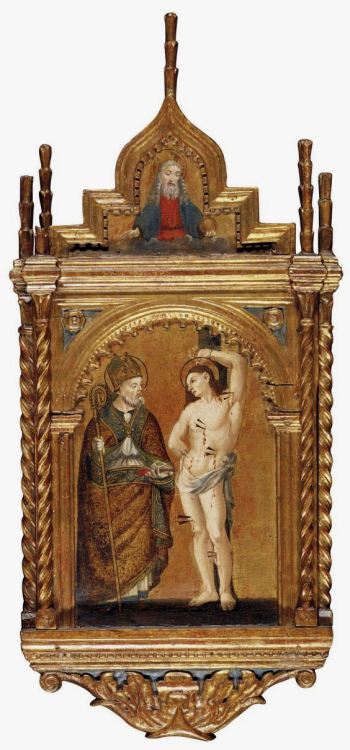 Marchigian School, St. Sebastian and a bishop, circa 1500, Gold ground, tempera on panel with an eng