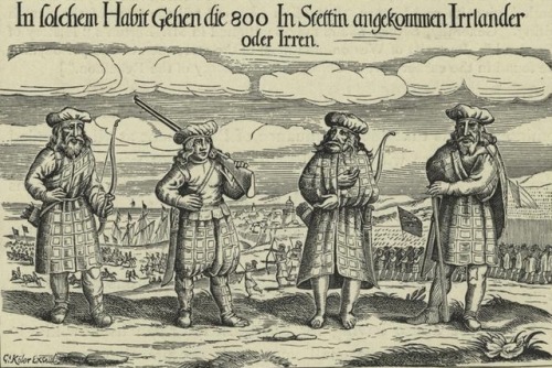 Scottish soldiers (captioned as Irishmen) fighting for Swedish King Gustavus Adolphus during the Thi