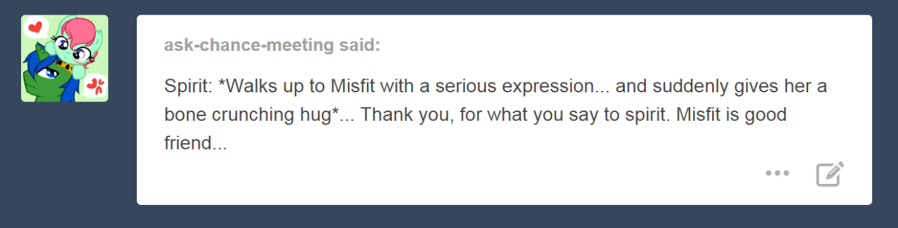 ask-the-little-misfit-filly:  A reply to an ask about a reply to a reply made to