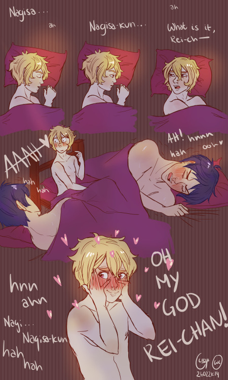 glitchowl:  haha whoops would you look at that. Loud wet dreams are awkward when you share the room but not the bed. Can you imagine Rei’s embarrassed face when he’s so loud he wakes himself up and Nagisa is just…  