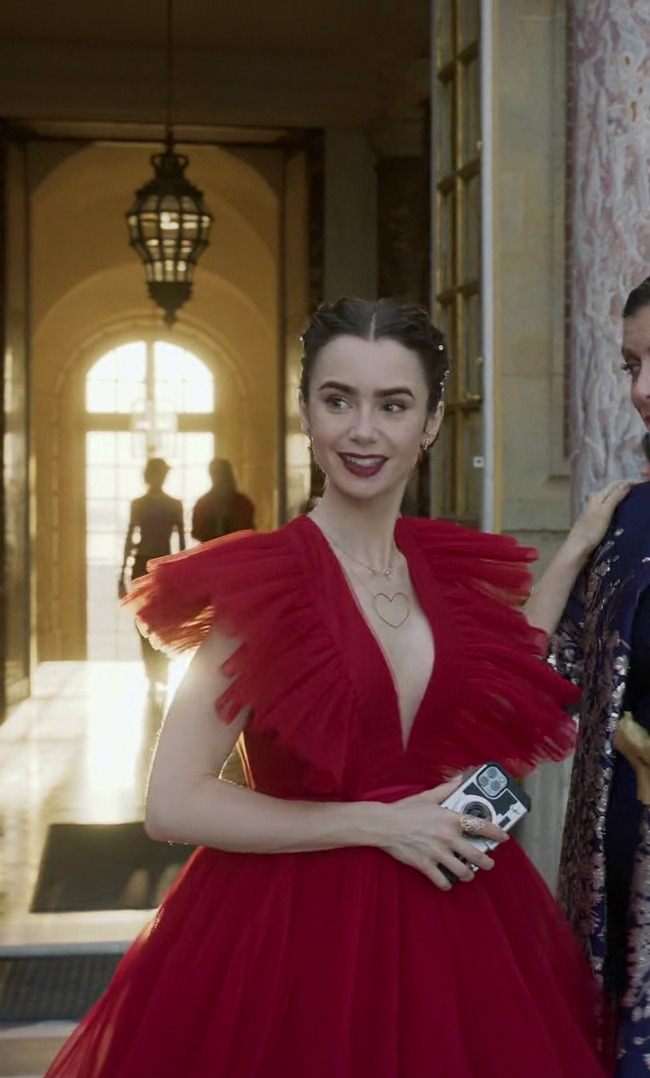Red Leopard Print Tulle Dress of Emily Cooper (Lily Collins) in Emily in  Paris (S01E07)