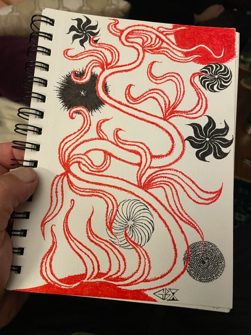 Flowering Vine In Red And Black Ink.