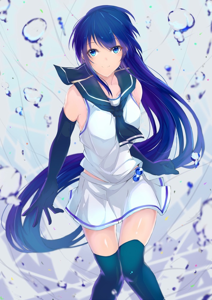 艦隊これくしょん、samidare、ロングヘア、サイハイソックス、学校制服、手袋、擬人化、水、笑顔、青い目、青い髪