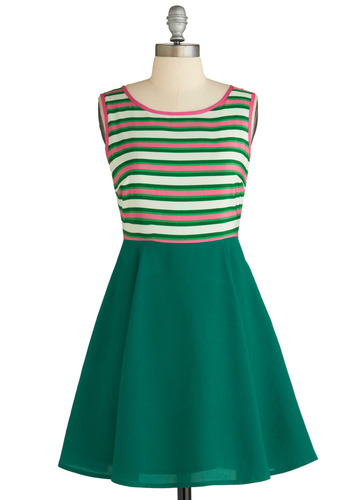 You picked the Rose Garden Color Story Dress in our Be the Buyer program, and now it’s here, exclusively at ModCloth! We’re loving the sweet green and pink stripes of this dress — great pick!