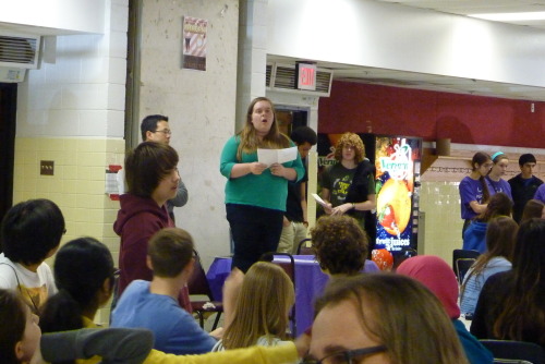 SCL president Sarah Keith gives announcements before the Certamen.  Herndon High School - 2013 