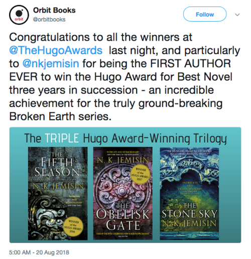 medievalpoc: [Tweet from @orbitbooks reads: Congratulations to all the winners at @TheHugoAwards &nb