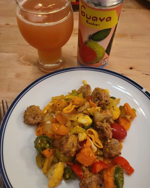 Sweet potato and jalapeño brat skillet with a yummy Guava Bomber! The American Style Fruit So