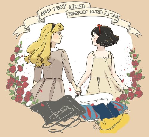confexionery: Artist: Jaroo (@Jarujaroo) Artist caption: “This is a little out of the blue but I thought of this during work…Aurora and Snow White meeting in the forest (super retcon!) They were drawn to each other by their singing One of them’s