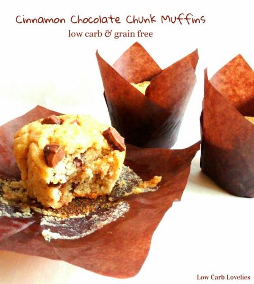 Cinnamon Chocolate Chunk MuffinsWe all need a good chocolate chunk muffin recipe in our low carb rep