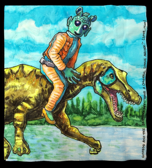 alverdewolffe:  laughingsquid: Napkin Drawings of ‘Star Wars’ Characters Riding on Dinosaurs karlika This seemed very relevant to your interests. 