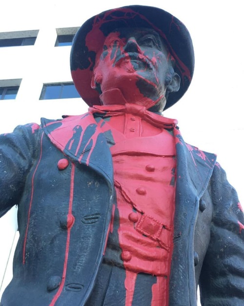 Vandalized statue of slave owning pedophile John Sutter in Sacramento, California. Sutter was a busi