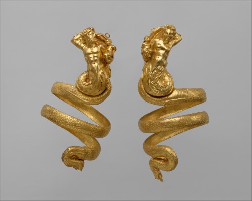 Pair of gold armbands depicting a Triton and Tritoness.  Artist unknown; ca. 200 BCE.  Now in the Me