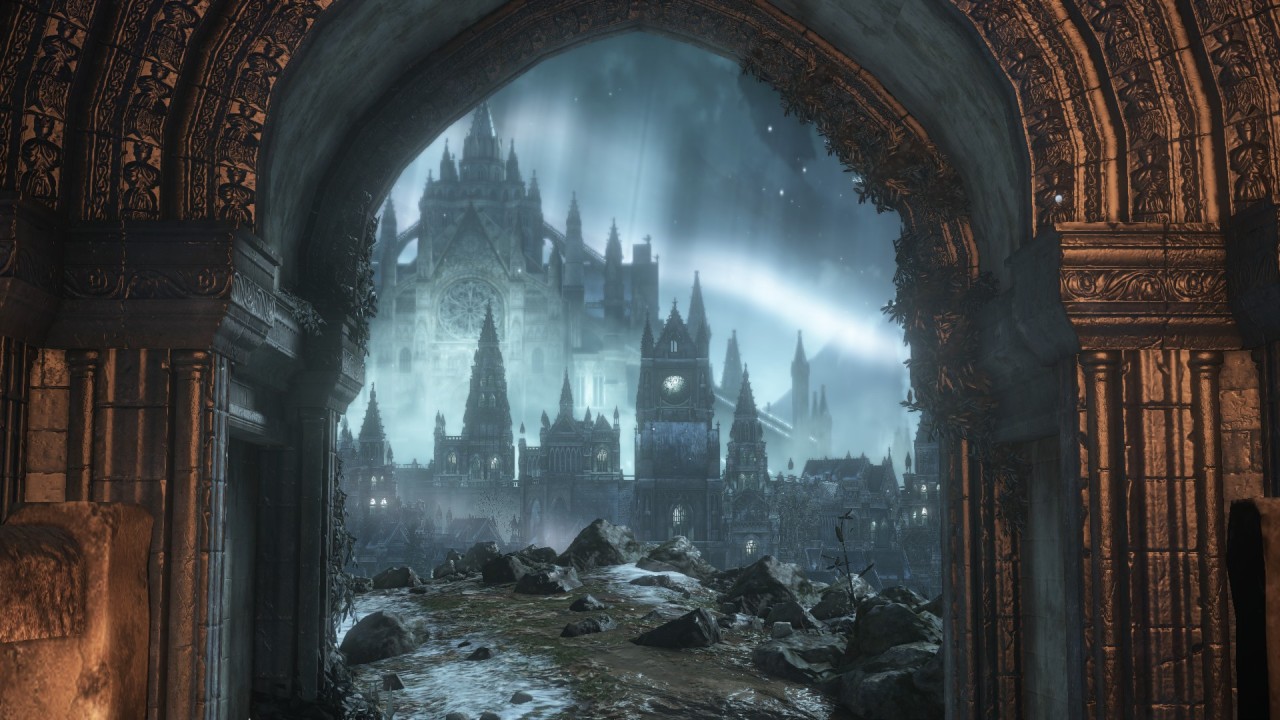 moonlit city #dark souls #dark souls 3 #irithyll#fromsoftware#virtual photography #shh this is the prettiest place in any videogame ever  #i dont care its cursed  #probably everyones done this but im so obsessed with that one where the moon serves as a halo