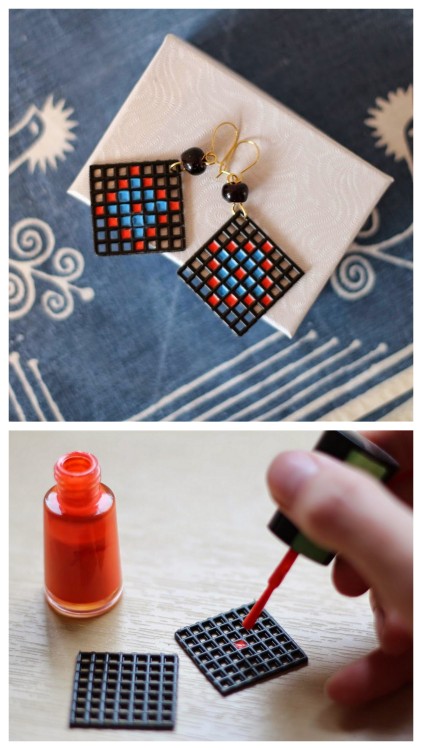 DIY Plastic Canvas Earrings Tutorial from Emuse. The secret to these lightweight earrings is that th