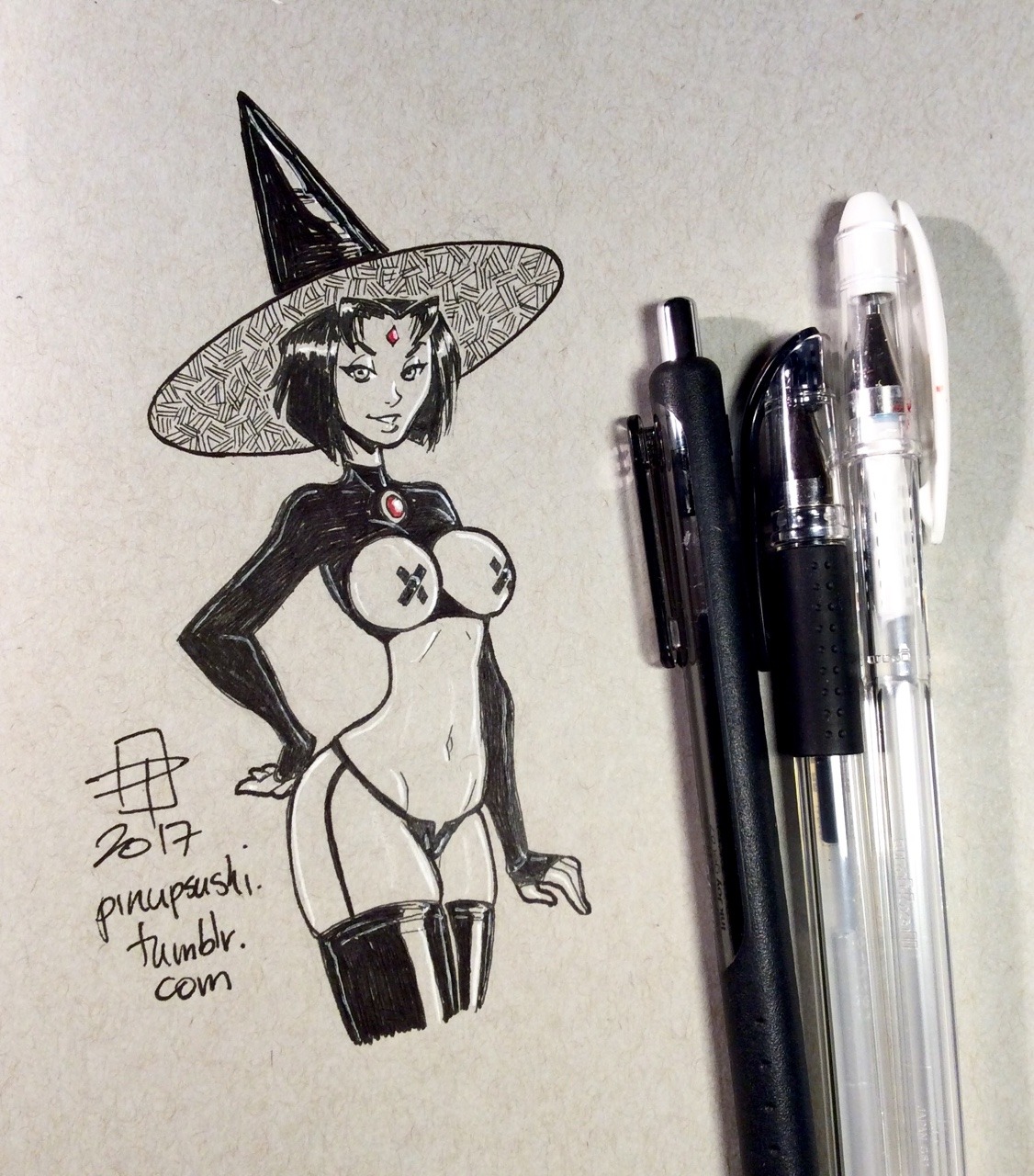 pinupsushi: Bonus Naughty Witchtober tiny doodle - Witchy Latex Raven. I may be running