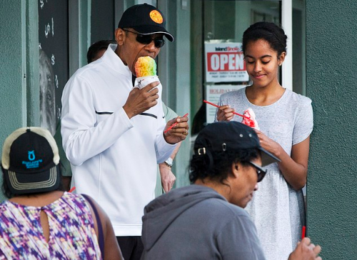 soph-okonedo:  U.S. President Barack Obama and daughter Malia Obama at Island Snow in Kailua, Hawaii on January 1, 2015 