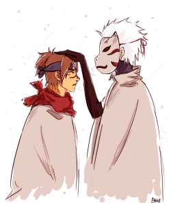 kakairu-fest-mod:  uminos:  winter mission thingies because it’s snowing out and I think if ANBU!kakashi and little teen Iruka ever went on missions together Kakashi would be softer on him than he should and Iruka would be a really loud and obnoxious