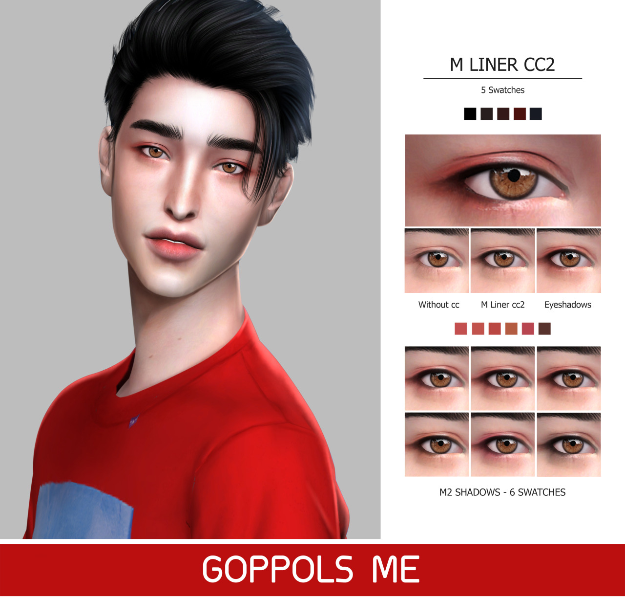 Male Makeup M2
• Download
• HQ mod compatible
• Add Swatches
• Download at GOPPOLSME patreon ( No ad )
• Access to Exclusive GOPPOLSME Patreon only
• ( PAYPAL ) Donate for support me ❤
• Thank for support me ❤
• Thanks for all CC creators ❤
• Hope...