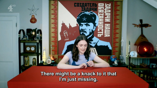 [ID: Four screencaps from Taskmaster. Charlotte Ritchie sits at a table in a living room, attempting