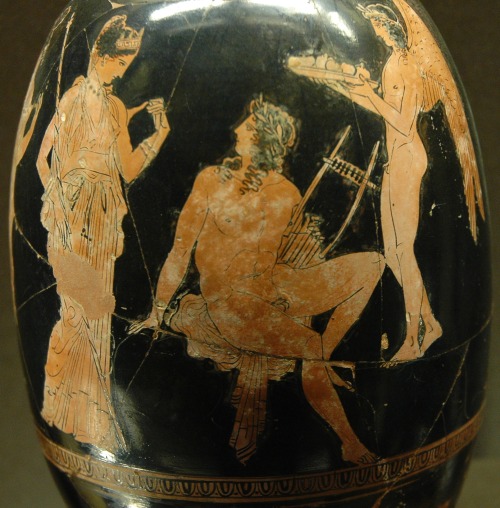 Aphrodite and Adonis.  Attic red-figure squat lekythos, signed by the painter Aison; ca. 410 BC