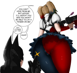 uncensoddrich:  Based in a situation of Batman Arkham Knight that involves Quinn. I mean, Batman is hided behind her in a sewer or something and she is attacked surprisingly. After that, we can see Harley’s ass. I had this idea about a Kanchou that