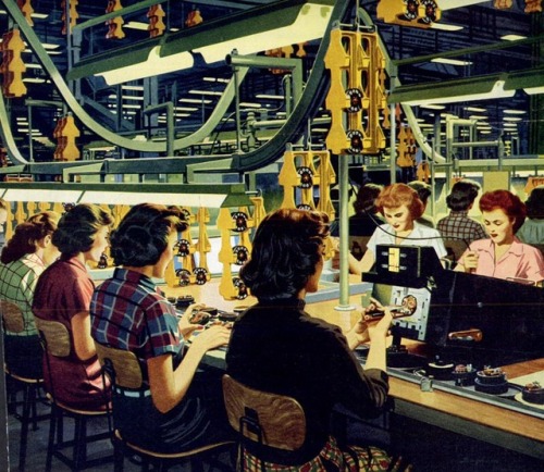 “What! These are telephone girls?”1953 Western Electric ad, showing an assembly line &ld