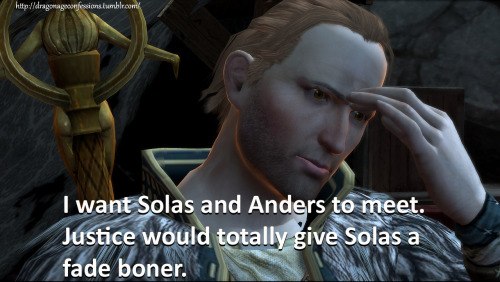 dragonageconfessions:
“ CONFESSION:
I want Solas and Anders to meet. Justice would totally give Solas a fade boner.
”