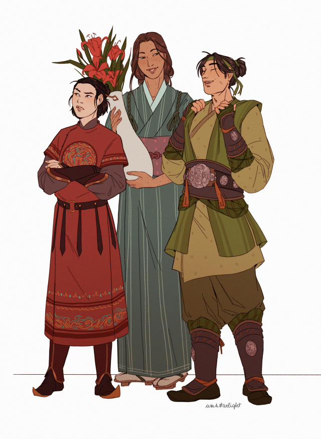 Digital drawing of Rangi, kyoshi and yun. Yun is smiling confidently and Rangi has her arm crossed and is scoffing. Behind them kyoshi is smiling, holding a vase of red fire lilies