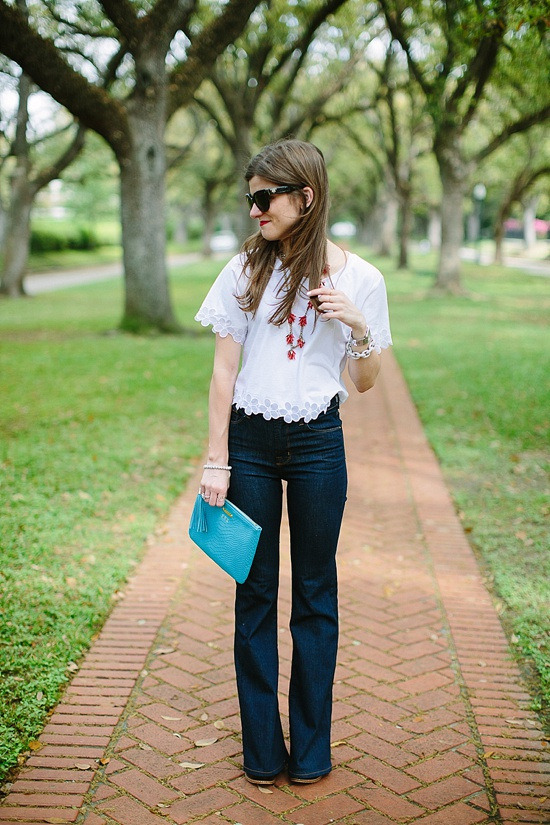 How cute is Brighton Keller (from the blog, Brighton the Day) in our Ixora Blossoms Necklace? We love how perfectly it pairs with her lace top and flared jeans.
You can get her necklace here, exclusively at Anthropologie!