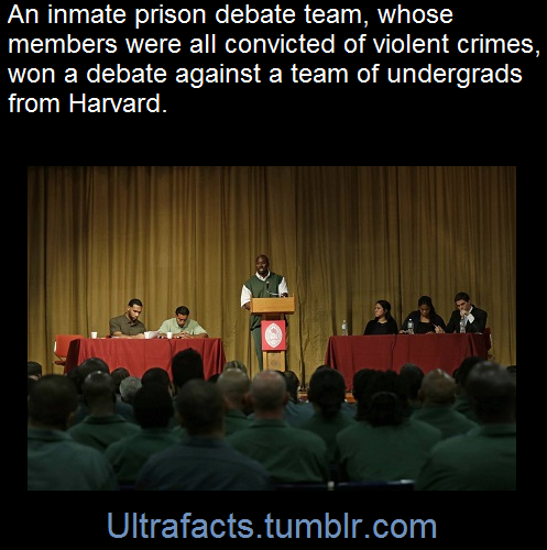 ultrafacts: NAPANOCH, N.Y.—On one side of the stage at a maximum-security prison here sat three men incarcerated for violent crimes. On the other were three undergraduates from Harvard College. After an hour of fast-moving debate, the judges rendered